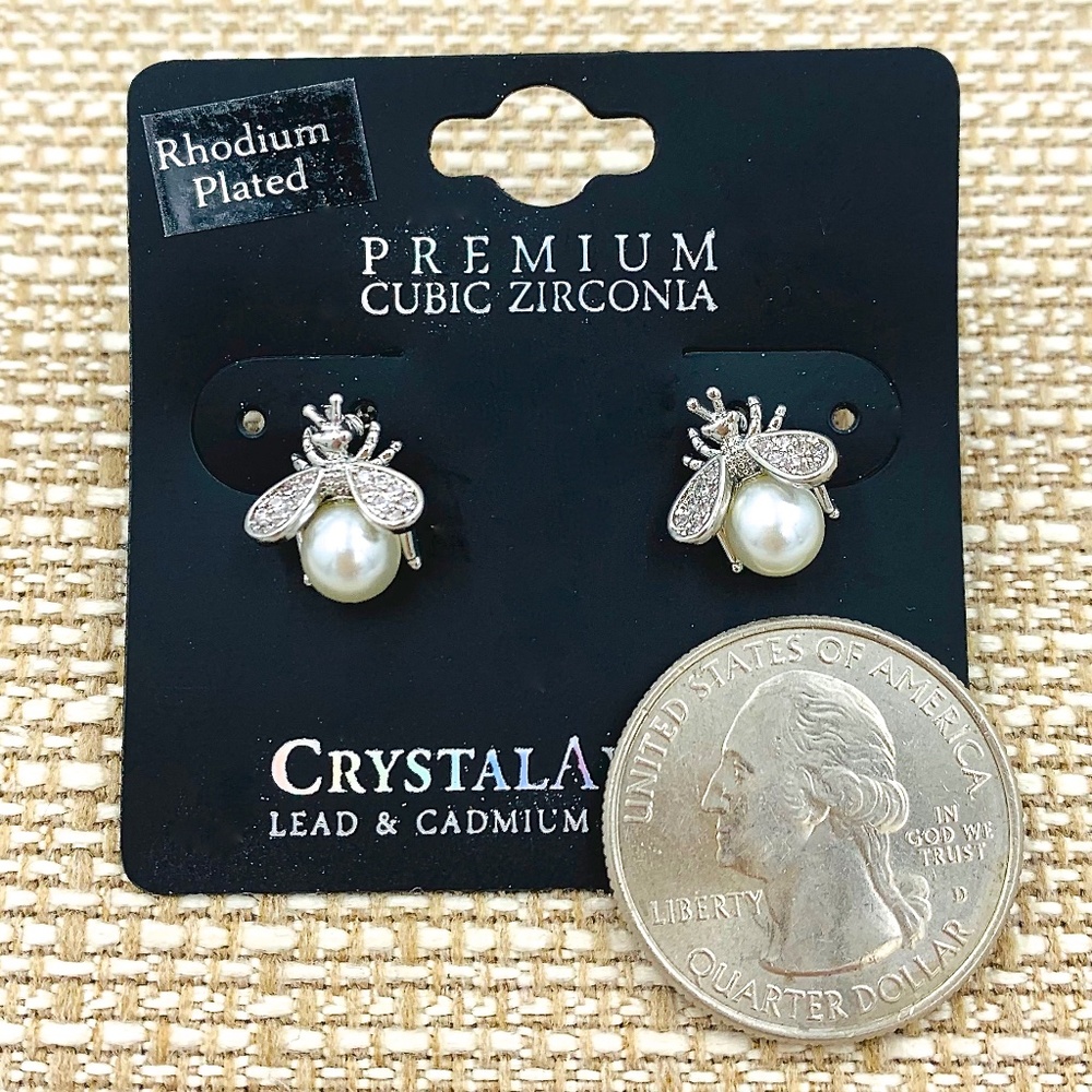 Bee Stud Earrings w/ Pearl Body - Rhodium Plated Silver
